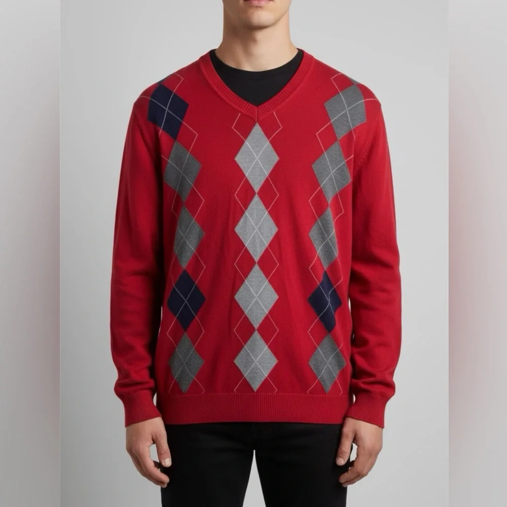Club Room Men's Sweater XLT 100% Cotton Red Navy Argyle Golf‎ Preppy Academia